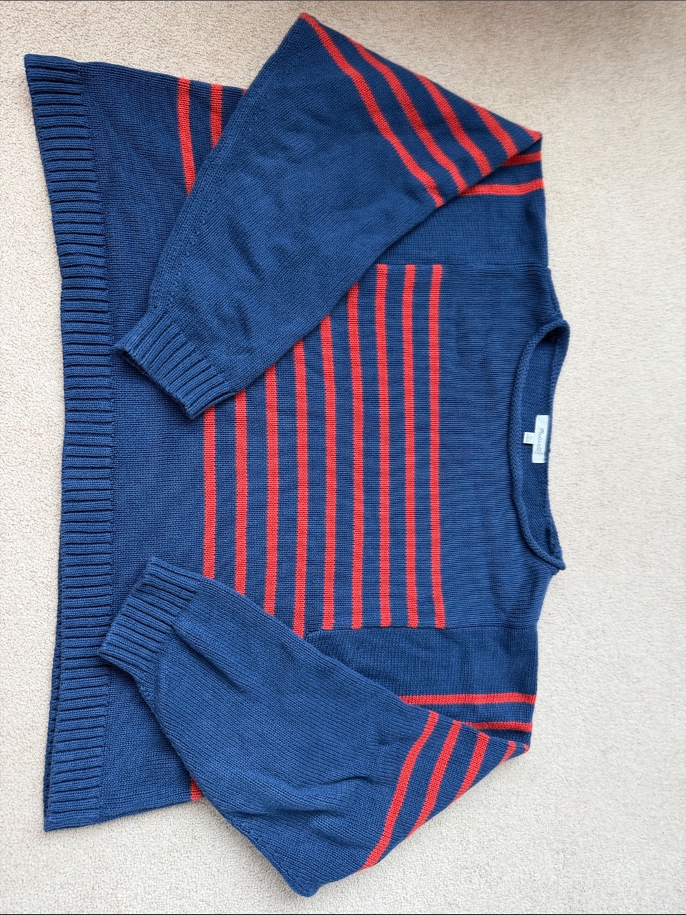 Madewell Cropped Navy Crewneck Sweater with Red Stripes